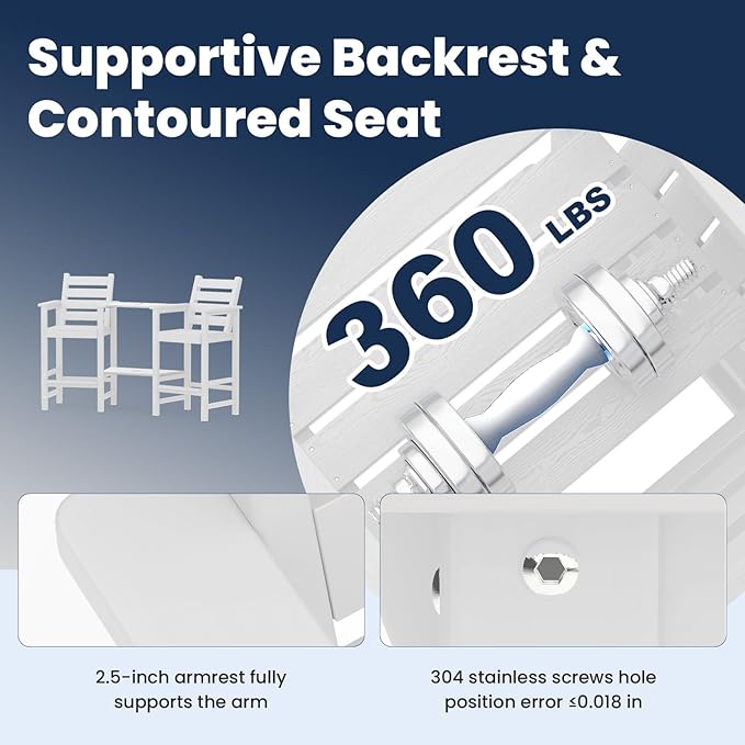 PLUUV Tall Adirondack Chairs Set of 2, All Weather HDPE Poly Bar Height Balcony Adirondack Chair with Removable Double Connecting Trays, Outdoor Adirondack Barstools for Deck, Patio, Yard, Pool, Lawn