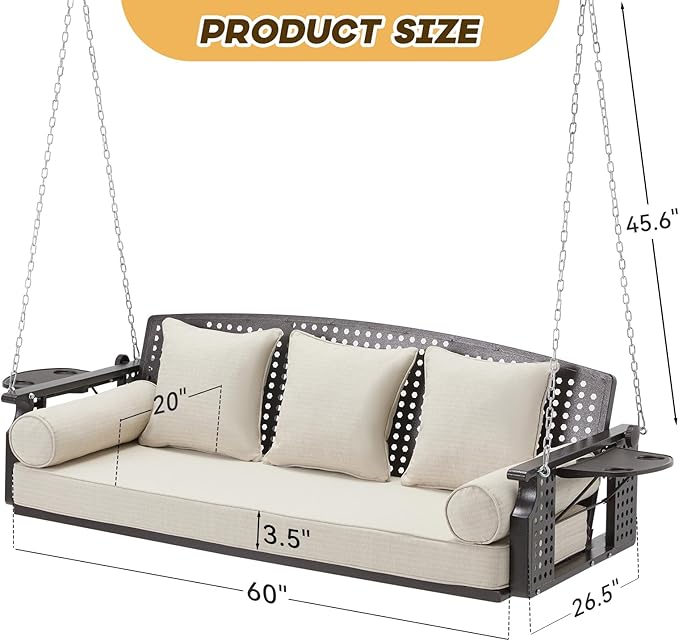 3 Seat Porch Swing, Patio Swing Bench with Cup Holders & 3 Back Cushions - Photo 2