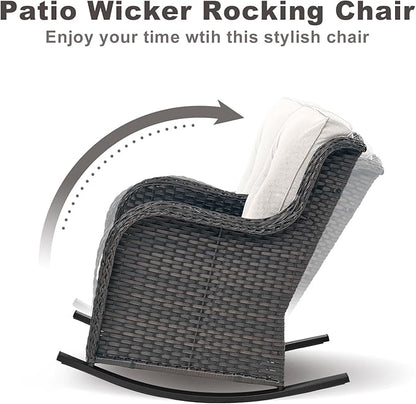 Rilyson Patio Chairs Outdoor Rocking Chair - 3 Piece Wicker Patio Bistro Set Rattan Patio Furniture Rocker Chairs and Side Table for Porch Deck Backyard Garden(Brown/Beige)