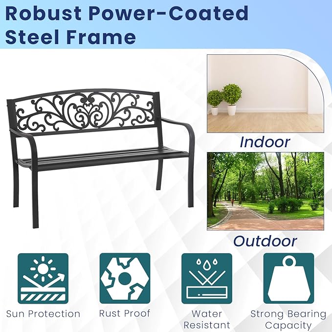 Black Metal Garden Bench, Antique Outside Bench, 50" Seat for 2 People, Durable Iron Frame for Park Yard Porch Outdoors Chair