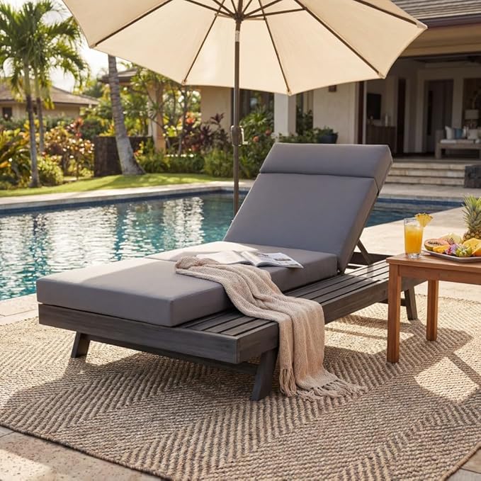 Lounge Chaise Set with Headrest and Side Space for Outdoor Relaxation, Acacia Wood Frame with Water-Resistant Cushions - Photo 1