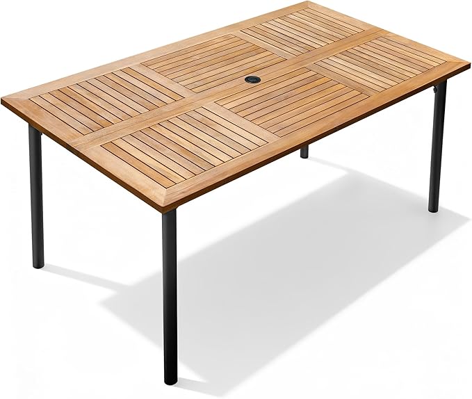 Flamaker Acacia Wood Patio Outdoor Dining Table for 6, Outdoor Table with Umbrella Hole and Metal Legs for Garden - Photo 2