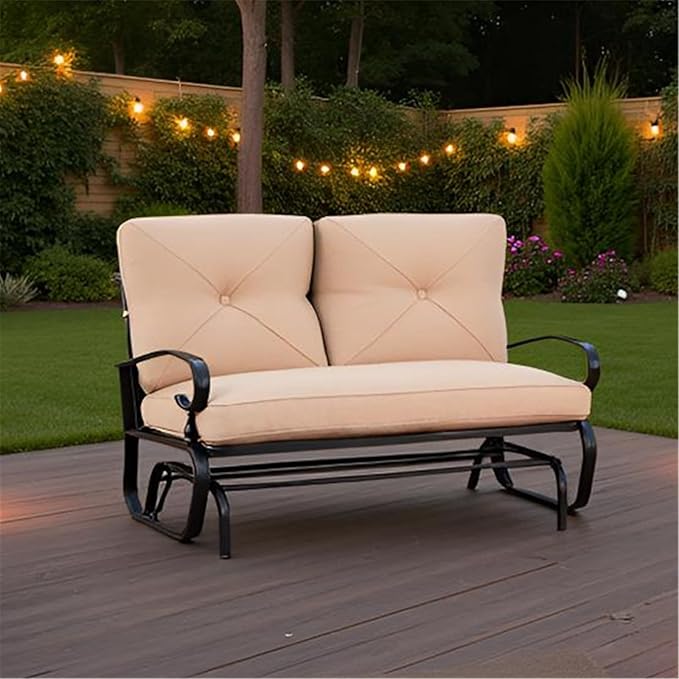 SUNCROWN Outdoor Swing Glider Chair, Patio 2 Seats Loveseat Rocking Chair with Cushions, Steel Frame Furniture - Brown - Photo 6