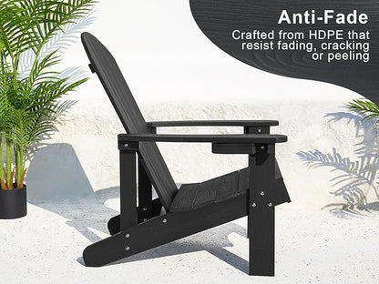 Y&M Adirondack Chair, Black Fire Pit Chairs, Outdoor Patio Chairs with Cup Holder, Weather Resistant HDPE Wooden Textured Patio Chairs, Perfect for Garden, Lawn, Deck, or Poolside