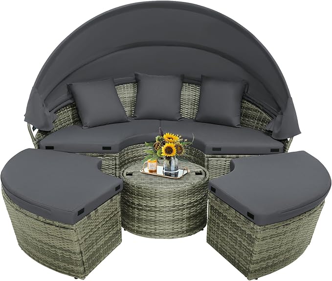 Tangkula Patio Round Daybed with Retractable Canopy, Outdoor Wicker Rattan Furniture Set, Sectional Cushioned Sofa Set with Height Adjustable Coffee Table, Rattan Conversation Set (Grey)