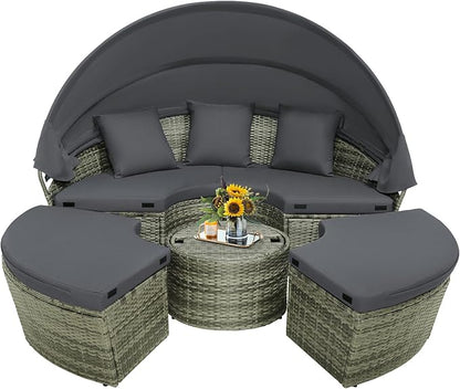 Tangkula Patio Round Daybed with Retractable Canopy, Outdoor Wicker Rattan Furniture Set, Sectional Cushioned Sofa Set with Height Adjustable Coffee Table, Rattan Conversation Set (Grey)