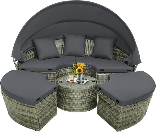 Tangkula Patio Round Daybed with Retractable Canopy, Outdoor Wicker Rattan Furniture Set, Sectional Cushioned Sofa Set with Height Adjustable Coffee Table, Rattan Conversation Set (Grey)