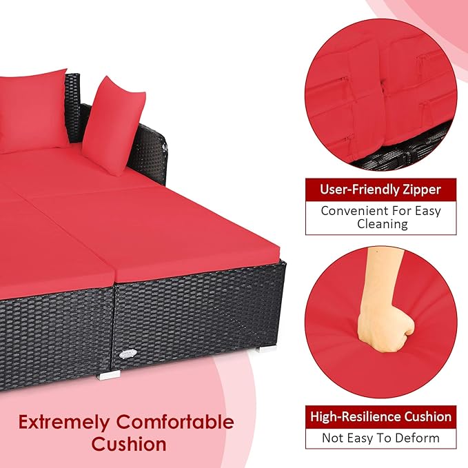COSTWAY Outdoor Patio Rattan Daybed, Sponge Cushioned Loveseat Sofa with 4 Pillows, Wicker Furniture Sunbed for Balcony - Photo 5