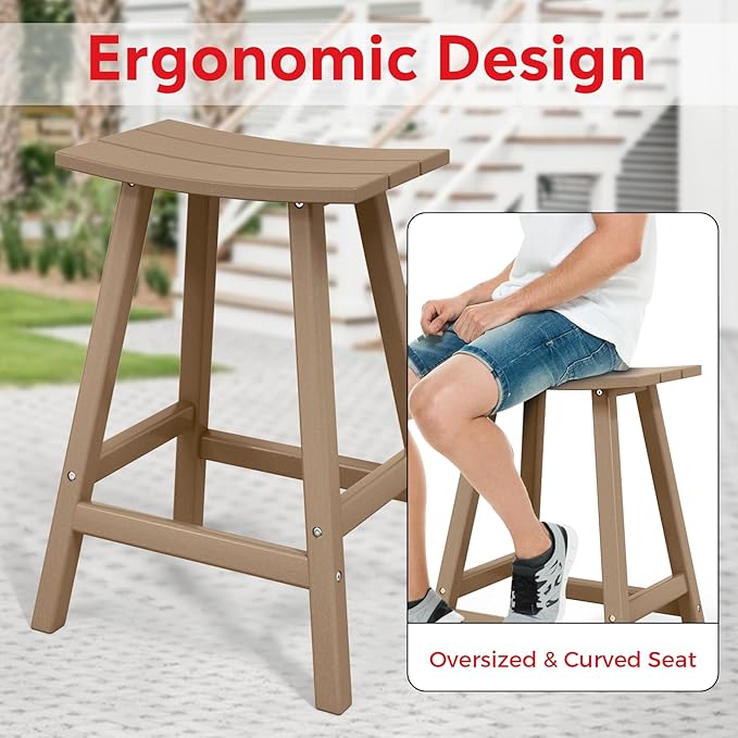 Costaelm All-Weather Bar Stools Set of 3, 24" Height Outdoor Bar Stools, Adirondack Poly Patio Bar Stool for Patio, Deck, Kitchen Counter and Garden, Weathered Wood