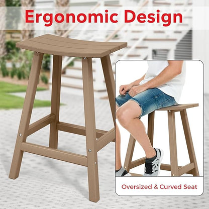 Costaelm All-Weather Bar Stools Set of 3, 24" Height Outdoor Bar Stools, Adirondack Poly Patio Bar Stool for Patio, Deck, Kitchen Counter and Garden, Weathered Wood