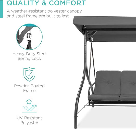 Best Choice Products 3-Seat Outdoor Large Converting Canopy Swing Glider, Patio Hammock Lounge Chair for Porch, Backyard w/Flatbed, Adjustable Shade, Removable Cushions - Gray