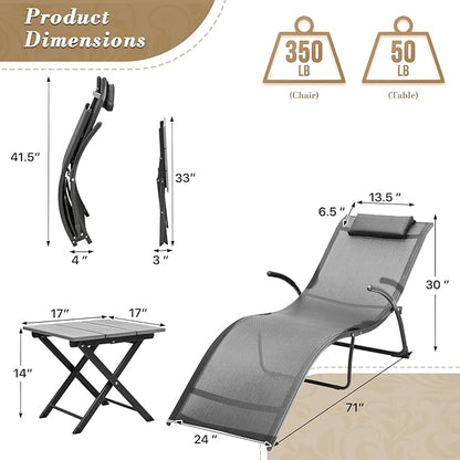 Athena Collection Outdoor Chaise Lounge Set, Metal Frame Pool Lounge Chairs with Folding Side Table and Headrest Armrest, Breathable Sun Lounger for Poolside Backyard Patio Outdoor, Grey