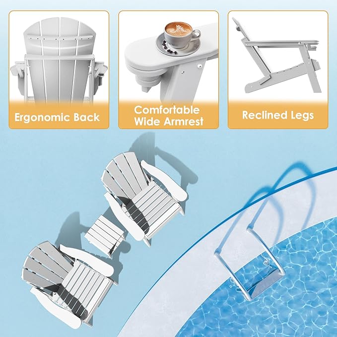 IVY&LANE Folding-Adirondack-Chairs-Set-of-2 | HDPE Plastic | Outdoor Fire Pit Chair with Cup Holder | White | Poly | Weather Resistant | for Patio Deck Poolside Garden Beach