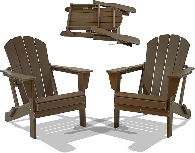 Domi Folding Adirondack Chairs Set of 2, HDPE All-Weather Outdoor Chairs with Cup Holder, Wooden Textured Fire Pit Chairs for Backyard, Patio, Poolside & Deck, Khaki