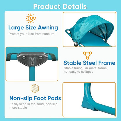 Colorsoul 2 Pack Tanning Chair with Sun Canopy,Adjustable 4-Position Beach Lounge Chair for Adults,Heavy Duty Folding Outdoor Lounge Chair,for Patio Poolside Sunbathing,UPF 50+,300 LBS,Blue