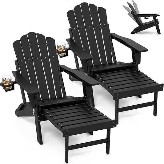 FOOWIN Adjustable Adirondack Chair with Retractable Ottoman Set of 2, Folding Adirondack Chair with Cup Holder, HDPE All-Weather Fire Pit Chair for Patio, Yard, Poolside, Black