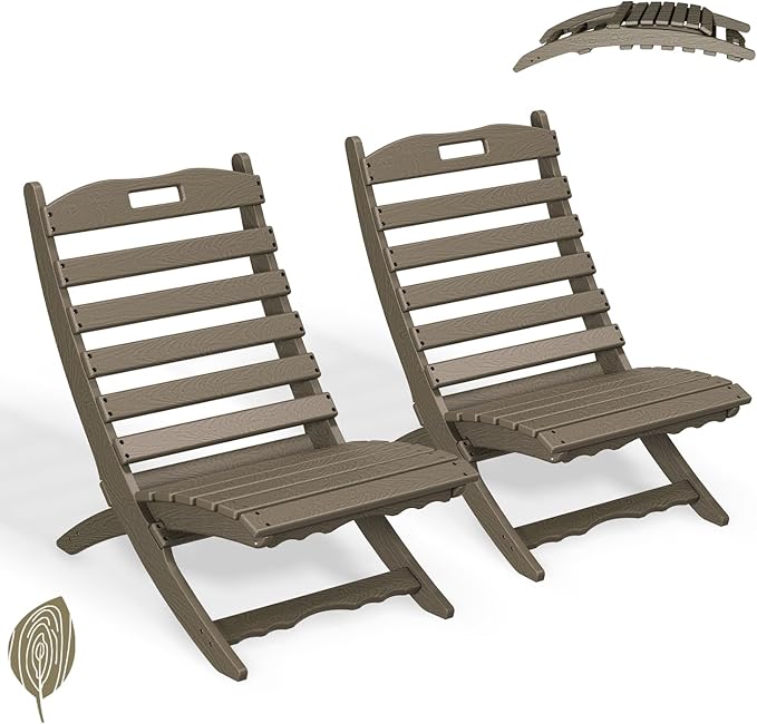 GREENVINES Folding Wave Chairs Set of 2 | Xavier | Portable Adirondack Chair | HDPE Wood Grain | All Weather | Desert Brown | for Fire Pit Beach Outdoor Deck Poolside Garden Patio Porch Fishing