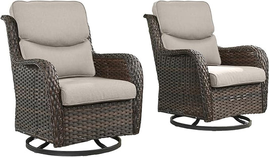 Rilyson Wicker Rocking Chair Swivel Chairs - 2 Piece Rocker Patio Chairs Set Rattan Rocking Chair for Outdoor Porch Deck Garden Backyard (Brown/Beige/Smile)