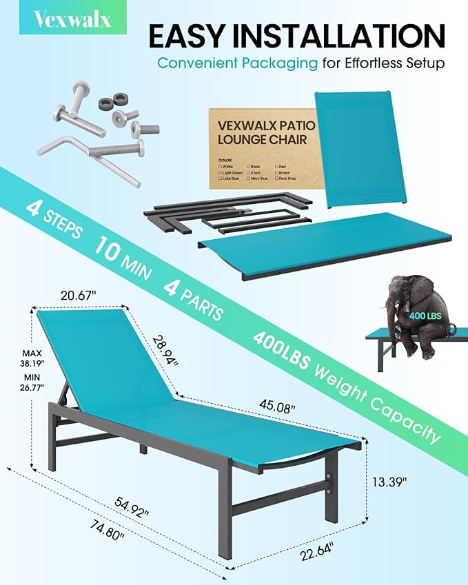 Outdoor Lounge Chairs Set of 2, Aluminum Patio Chaise Lounge Chairs with 5-Position Recliner - Photo 3