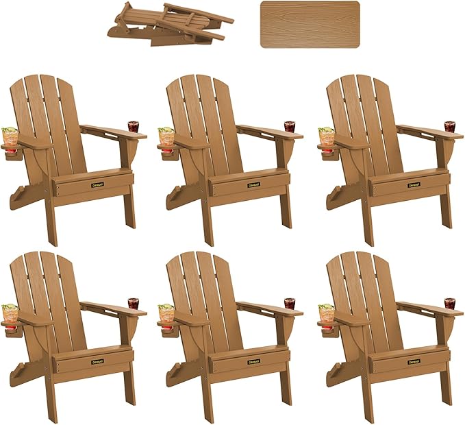 Folding Adirondack Chair Set of 6, Wooden Textured Plastic Adirondack Chairs with 2 Cup Holder, Weather Resistant HDPE Fire Pit Chair, Outdoor Patio Chairs for Garden, Backyard, Lawn, Deck, Teak