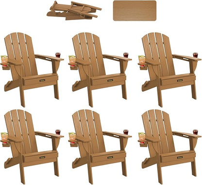 Folding Adirondack Chair Set of 6, Wooden Textured Plastic Adirondack Chairs with 2 Cup Holder, Weather Resistant HDPE Fire Pit Chair, Outdoor Patio Chairs for Garden, Backyard, Lawn, Deck, Teak