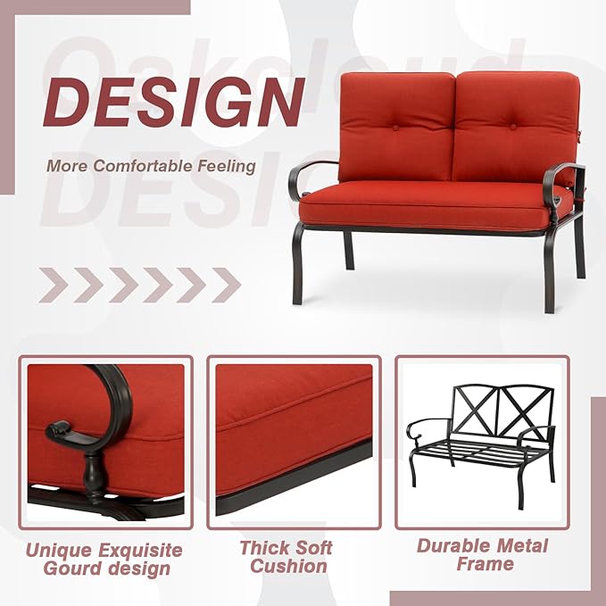 Oakcloud Outdoor 2 Pcs Patio Loveseat Bench Metal Frame Furniture Set with Thick Cushions and Coffee Table - Photo 4