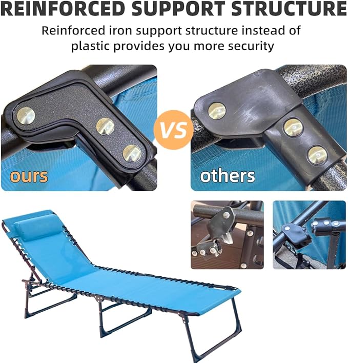 Patio Lounge Chair Folding Chaise Bed - Heavy-Duty 400lb Capacity Portable Adjustable Recliner w/Pillow for Pool - Photo 9