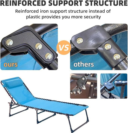 Patio Lounge Chair Folding Chaise Bed - Heavy-Duty 400lb Capacity Portable Adjustable Recliner w/Pillow for Pool, Camping, Sunbathing - Lay Flat Design (Light Blue)