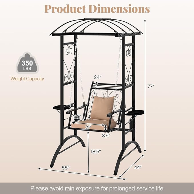 Tangkula Porch Swing with Stand, Outdoor Patio Swing with Heavy-Duty Metal Frame, Arch Trellis, Removable Cushions, Side Tables, Armrests for Garden, Balcony, Backyard and Poolside