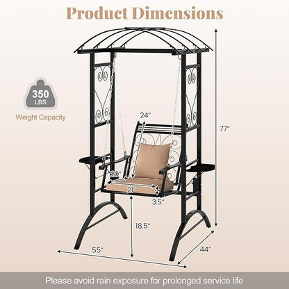 Tangkula Porch Swing with Stand, Outdoor Patio Swing with Heavy-Duty Metal Frame, Arch Trellis, Removable Cushions, Side Tables, Armrests for Garden, Balcony, Backyard and Poolside