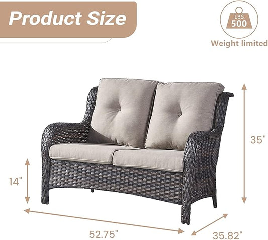 HUMMUH 4 Piece Patio Conversation Furniture Set PE Wicker Rattan Outdoor Loveseat Sofa,Patio Chairs,Coffee Table for Garden,Poolside,Backyard,Deck
