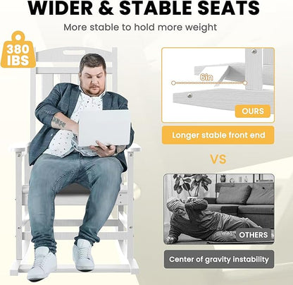 LOUNZY Outdoor Rocking Chair with Footboards Set of 2, HDPE Rocking Chair Patio Porch Rocker with 380lbs Support for Adult, White