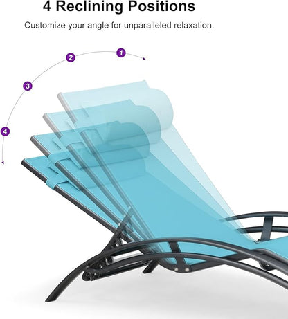 Purple Leaf Patio Chaise Lounge Set of 3 Outdoor Lounge Chair Beach Pool Sunbathing Lawn Lounger Recliner Chiar Outside Tanning Chairs with Arm for All Weather, Side Table Included, Turquoise Blue