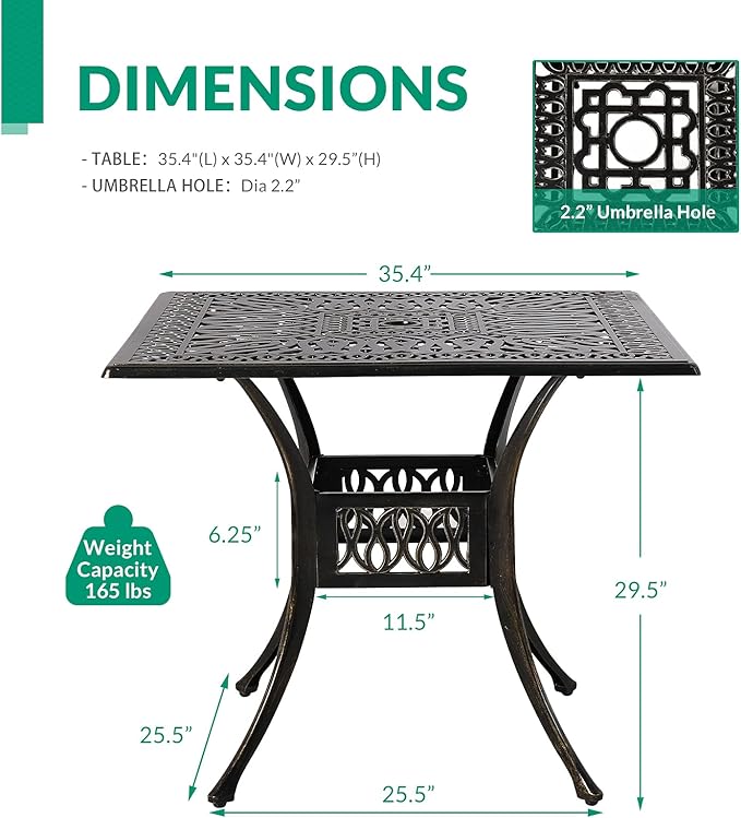 VIVIJASON 35.4" Outdoor Patio Dining Square Table Bronze Cast Aluminum Rustic Large Patio Table with Umbrella Hole