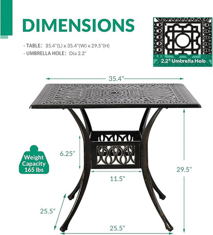 VIVIJASON 35.4" Outdoor Patio Dining Square Table Bronze Cast Aluminum Rustic Large Patio Table with Umbrella Hole