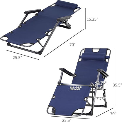 Outsunny Folding Chaise Lounge Chair for Outside, 2-in-1 Tanning Chair with Pillow & Pocket, Adjustable Pool Chair for Beach, Patio, Lawn, Deck, Navy