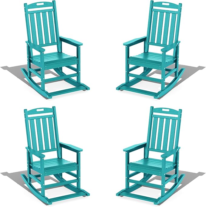 LOUNZY Outdoor Rocking Chair with Footboards Set of 4, HDPE Rocking Chair Patio Porch Rocker with 380lbs Support for Adult, Aruba