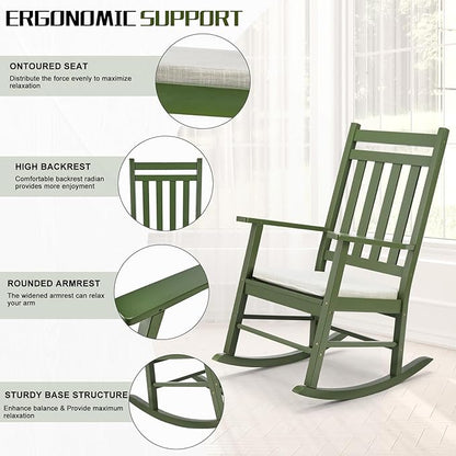 Outvita Outdoor Rocking Chair, Solid Wood High Back Rocker, All Weather Lounge Chair with Padded Cushions for Porch Patio Fire Pit Garden Backyard Deck Indoor, Green