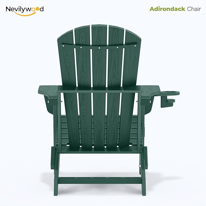 nevilywood Folding Adirondack Chairs Set of 2, All-Weather Fade-Resistant Design with Cup Holders, Great for Patio, Balcony & Outdoor Spaces,Green