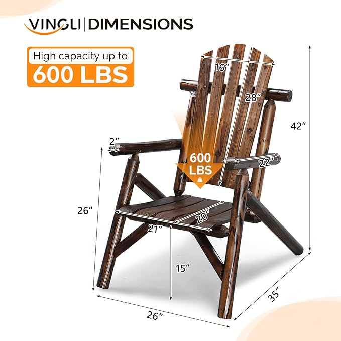 VINGLI Solid Wood Adirondack Chair Outdoor Patio Furniture Fire Pit Chairs, Heavy Duty Backyard Seating Armchair Deck Garden Lawn Patio (Carbonized, 1 PC)