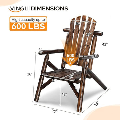 VINGLI Solid Wood Adirondack Chair Outdoor Patio Furniture Fire Pit Chairs, Heavy Duty Backyard Seating Armchair Deck Garden Lawn Patio (Carbonized, 1 PC)