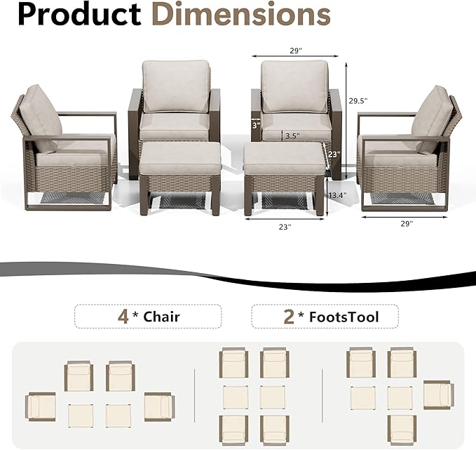 Outdoor Patio Furniture Set, 6 Piece Wicker Patio Conversation with Deep Seating, Thicken Cushions, Outdoor Club Chair - Photo 2