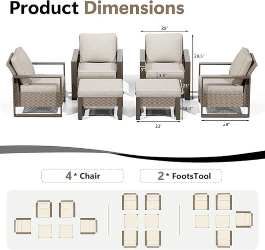 Outdoor Patio Furniture Set, 6 Piece Wicker Patio Conversation with Deep Seating, Thicken Cushions, Outdoor Club Chair, Metal Outdoor Furniture for Deck, Porch, Yard Use (Beige, 6 PCS/Chairs)