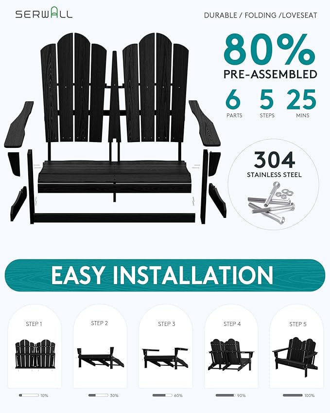 SERWALL Folding Adirondack Bench, HDPE All-Weather Adirondack Loveseat, 660 lbs Capacity - Photo 2