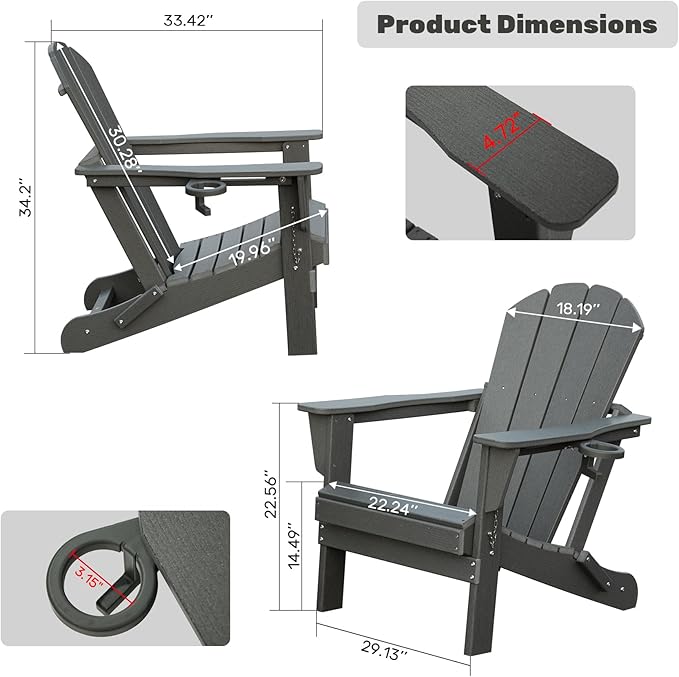 Domi Folding Adirondack Chairs Set of 2, HDPE Adirondack Chair with Cup Holder - Photo 3