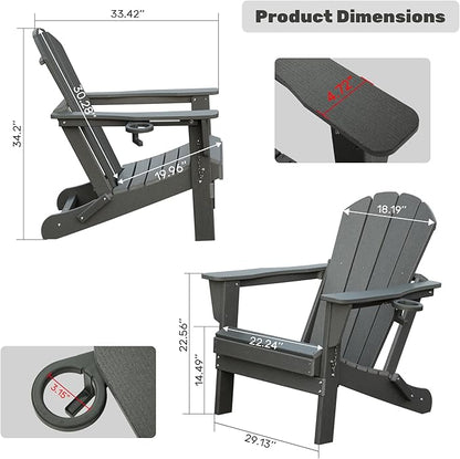 Domi Folding Adirondack Chairs Set of 2, HDPE Adirondack Chair with Cup Holder, Wooden Textured Fire Pit Chairs for Patio Backyard Lawn, Grey