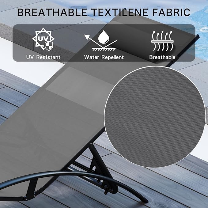 Aluminum Outdoor Chaise Lounge Set of 3, Patio Textilene Lounge Chairs w/Metal Table&Headrest - Photo 5