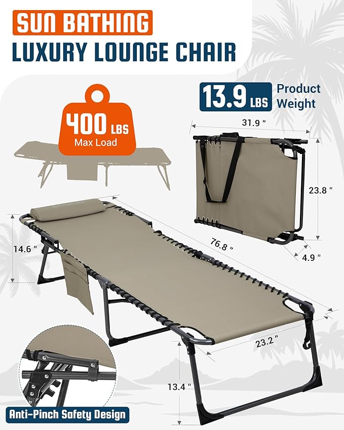 KingCamp Lounge Chair Outdoor,400LBS Tanning Chairs for Outside,Adjustable 5-Position Patio Lounge Chair Sunbathing Chase Lounge Chair Outdoor for Outside Beach Patio Sun Bathing Pool Backyard
