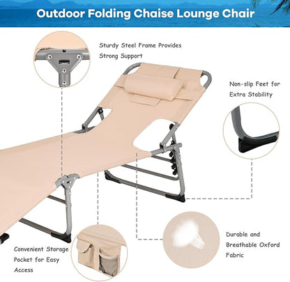 GYMAX Tanning Chair, Folding Beach Lounger with Face Arm Hole, Adjustable Backrest, Side Pocket, Pillow & Carry Handle, Outside Sunbathing Lounge Chair for Patio, Poolside, Lawn (1, Sand)
