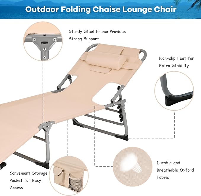 GYMAX Tanning Chair, Folding Beach Lounger with Face Arm Hole, Adjustable Backrest, Side Pocket & Carry Handle, Outside Sunbathing Lounge Chair for Patio, Poolside, Lawn (2, Sand)